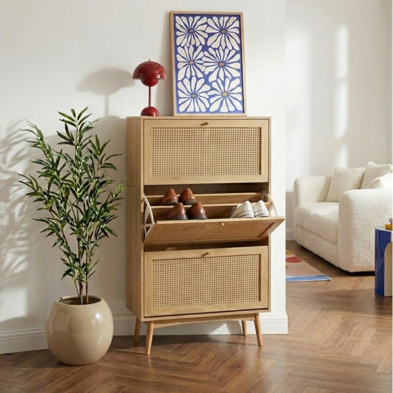 Meuble à chaussures INESeffet chêne et cannage rotin