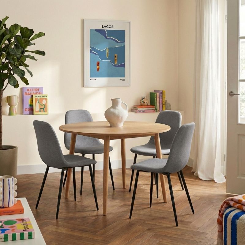 Lot de 4 chaises ESTELLE tissu gris clair pieds métal noir