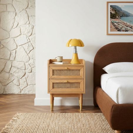 Table de chevet LEON placage chêne et cannage rotin