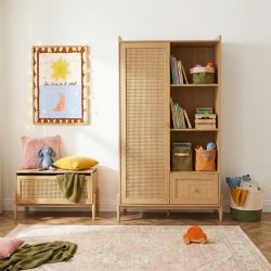 Coffre à jouet PABLO effet chêne et cannage rotin