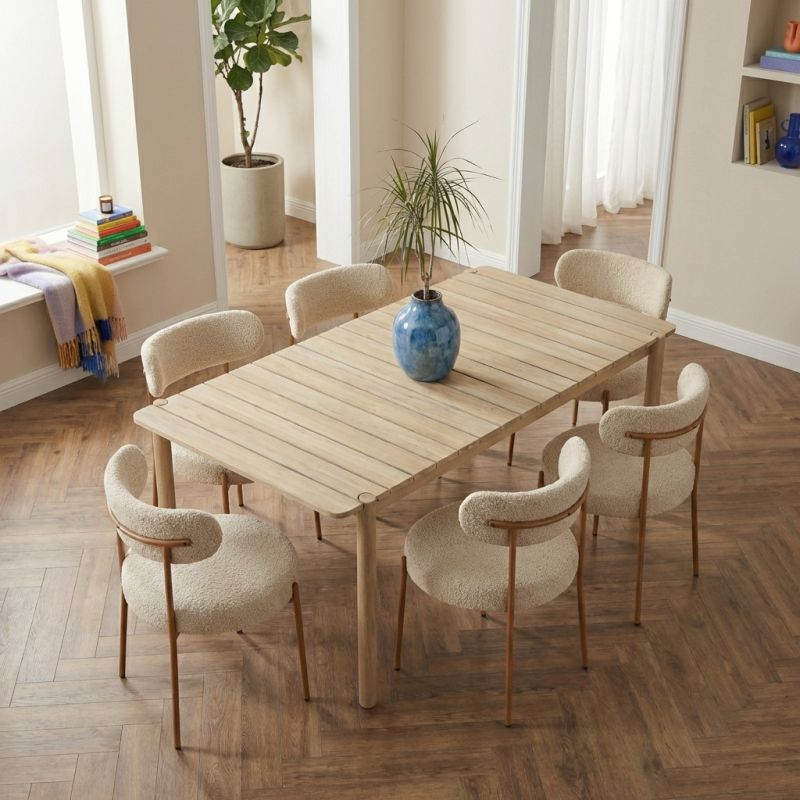 Ensemble repas table SAMOA 180 cm et lot de 6 chaises NOA tissu bouclette beige