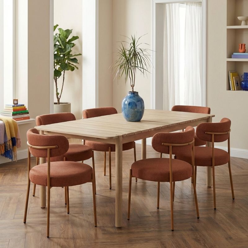 Ensemble repas table SAMOA 180 cm et lot de 6 chaises NOA tissu terracotta