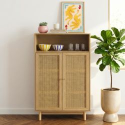 Buffet HELENA effet chêne et cannage rotin 2 portes 80 cm
