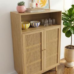 Buffet HELENA effet chêne et cannage rotin 2 portes 80 cm
