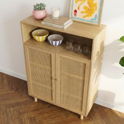 Buffet HELENA effet chêne et cannage rotin 2 portes 80 cm