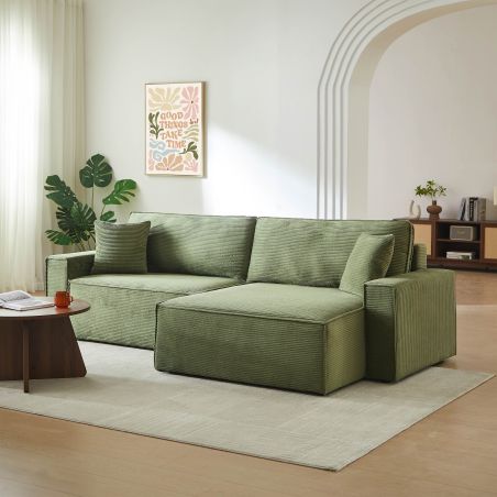 Canapé d'angle convertible et réversible ZOLA 4 places velours côtelé vert