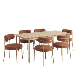 Ensemble repas table SAMOA 180 cm et lot de 6 chaises NOA tissu terracotta