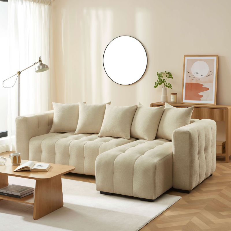 Canapé d'angle convertible et réversible LEVIA 4 places tissu taupe