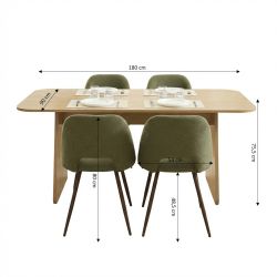 Ensemble table LANGO chêne et 4 chaises ELISABETH tissu vert