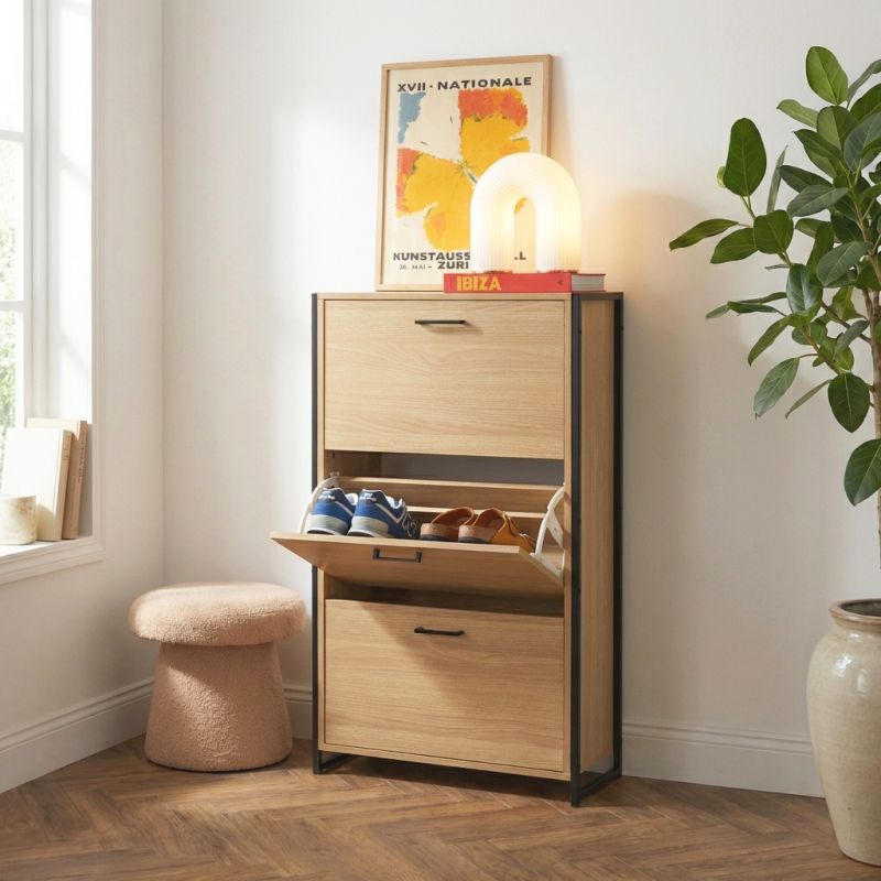 Meuble à chaussures ARCHI effet chêne et métal noir