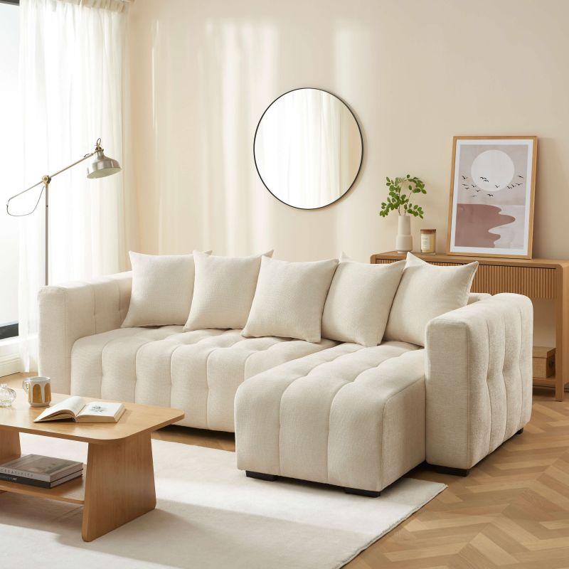 Canapé d'angle convertible et réversible LEVIA 4 places tissu beige