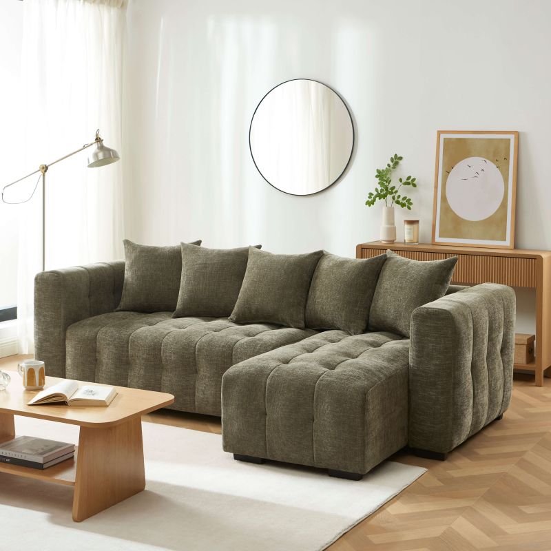 Canapé d'angle convertible et réversible LEVIA 4 places tissu vert