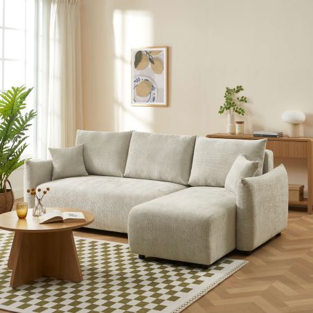 Canapé d'angle convertible et réversible NEMEA 4 places tissu chenille beige