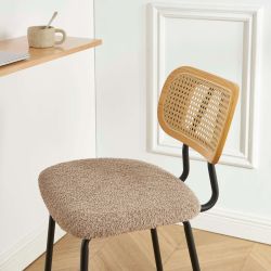 Lot de 2 tabourets TINA tissu bouclette taupe et cannage rotin