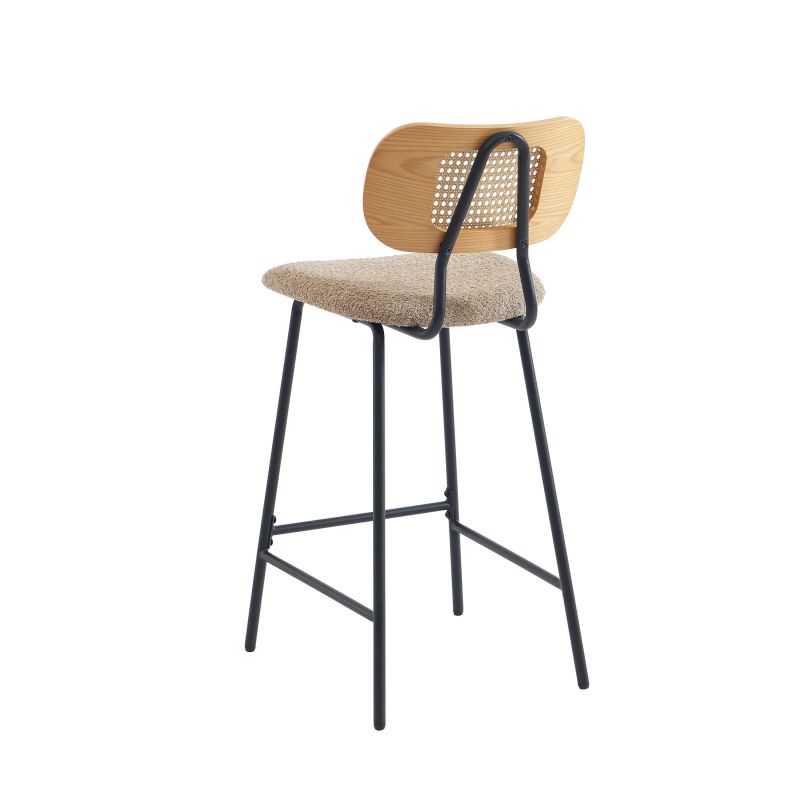 Lot de 2 tabourets TINA tissu bouclette taupe et cannage rotin