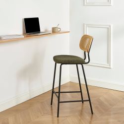 Lot de 2 tabourets TINA tissu bouclette vert et cannage rotin