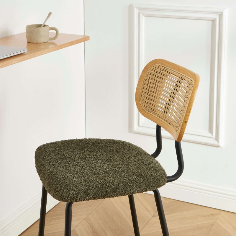 Lot de 2 tabourets TINA tissu bouclette vert et cannage rotin