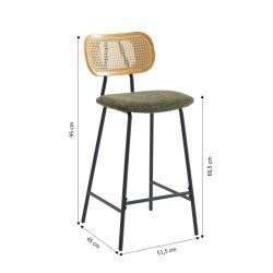 Lot de 2 tabourets TINA tissu bouclette vert et cannage rotin