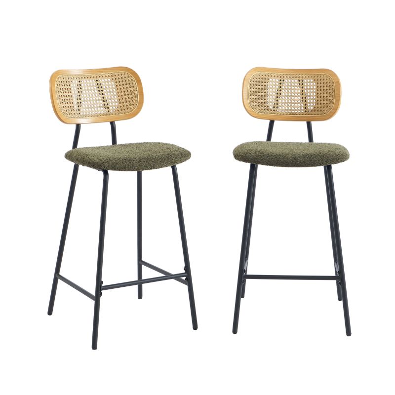 Lot de 2 tabourets TINA tissu bouclette vert et cannage rotin