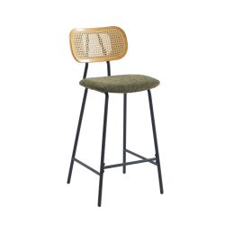 Lot de 2 tabourets TINA tissu bouclette vert et cannage rotin