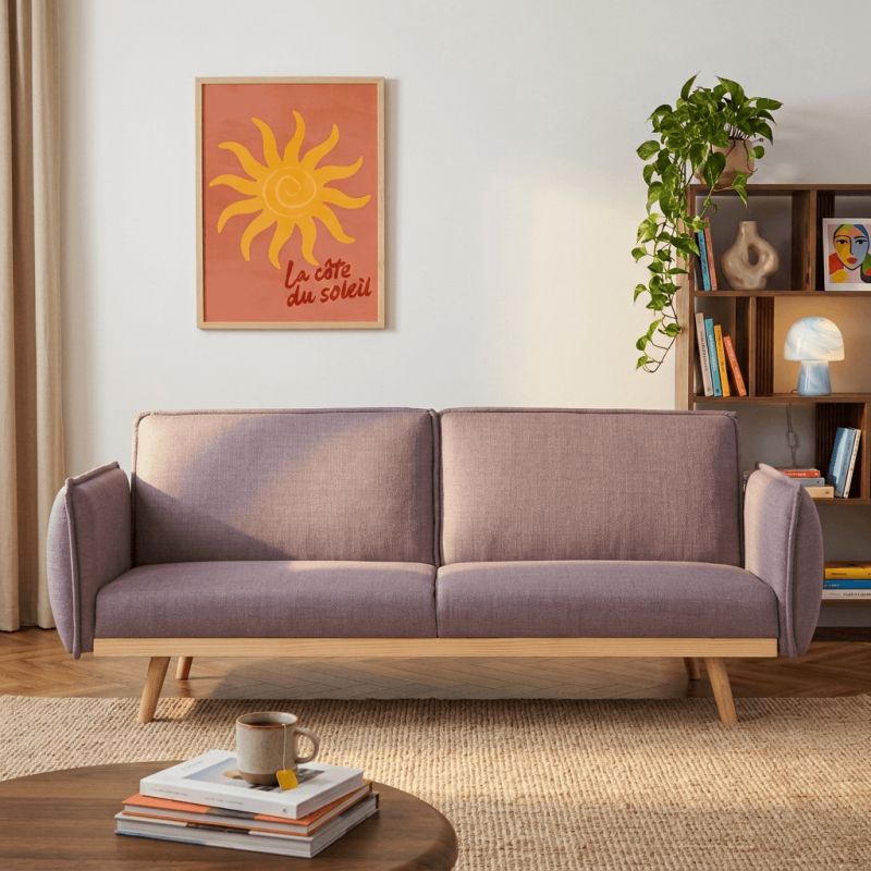 Canapé droit convertible VESTA 3 places tissu mauve