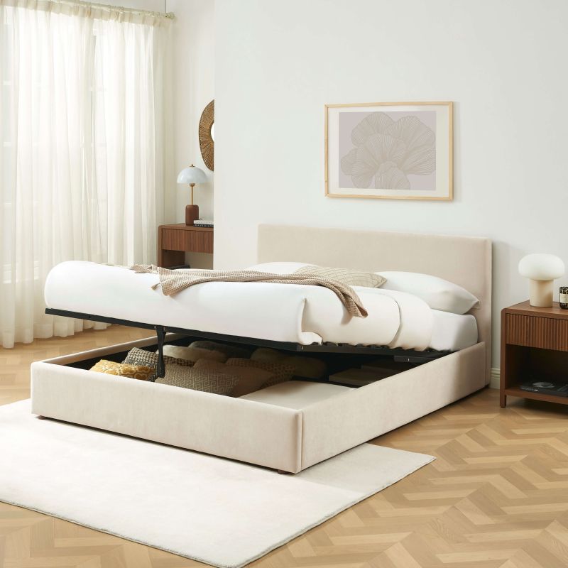 Lit coffre VANIA 160x200 tissu beige sommier inclus