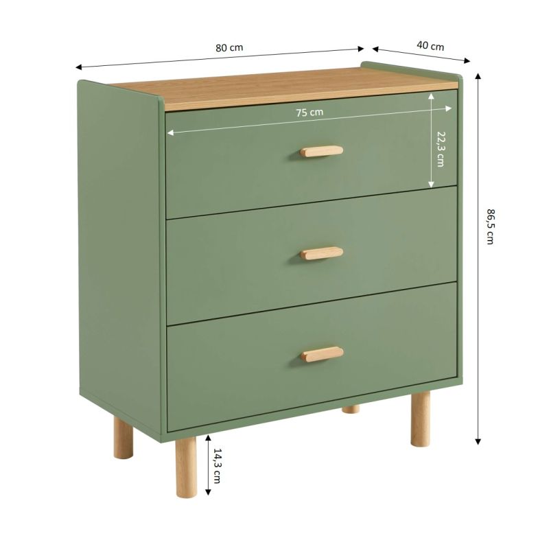 Commode enfant AURA 3 tiroirs vert et effet chêne 80 cm