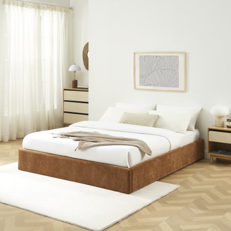 Lit coffre IVY 160x200 tissu marron sommier inclus