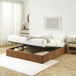 Lit coffre IVY 160x200 tissu marron sommier inclus
