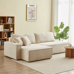 Canapé d'angle gauche ouvert convertible ZOLA 4 places velours cotelé beige