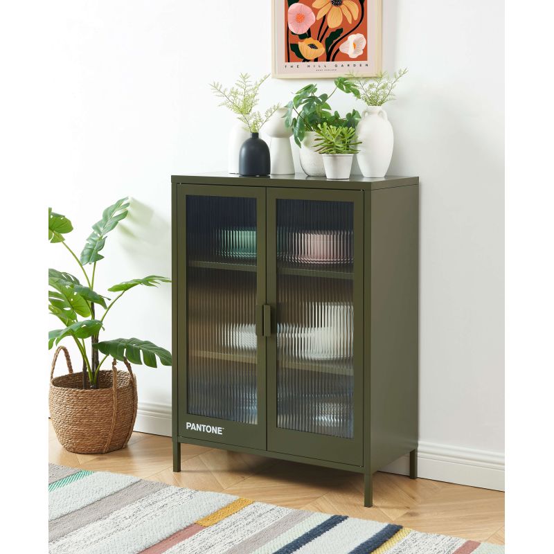 Buffet PANTONE vert olive foncé portes en verre cannelé 75cm
