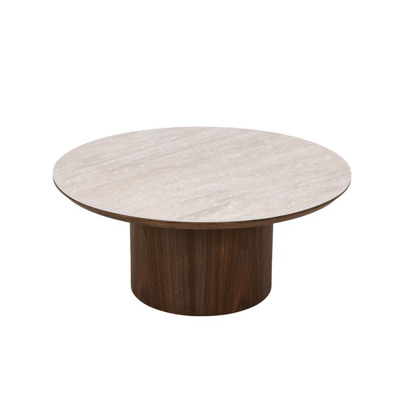 Table basse LOFA placage noyer et plateau céramique effet travertin 80cm