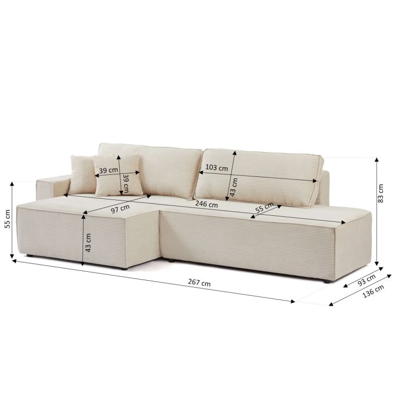 Canapé d'angle gauche ouvert convertible ZOLA 4 places velours cotelé beige
