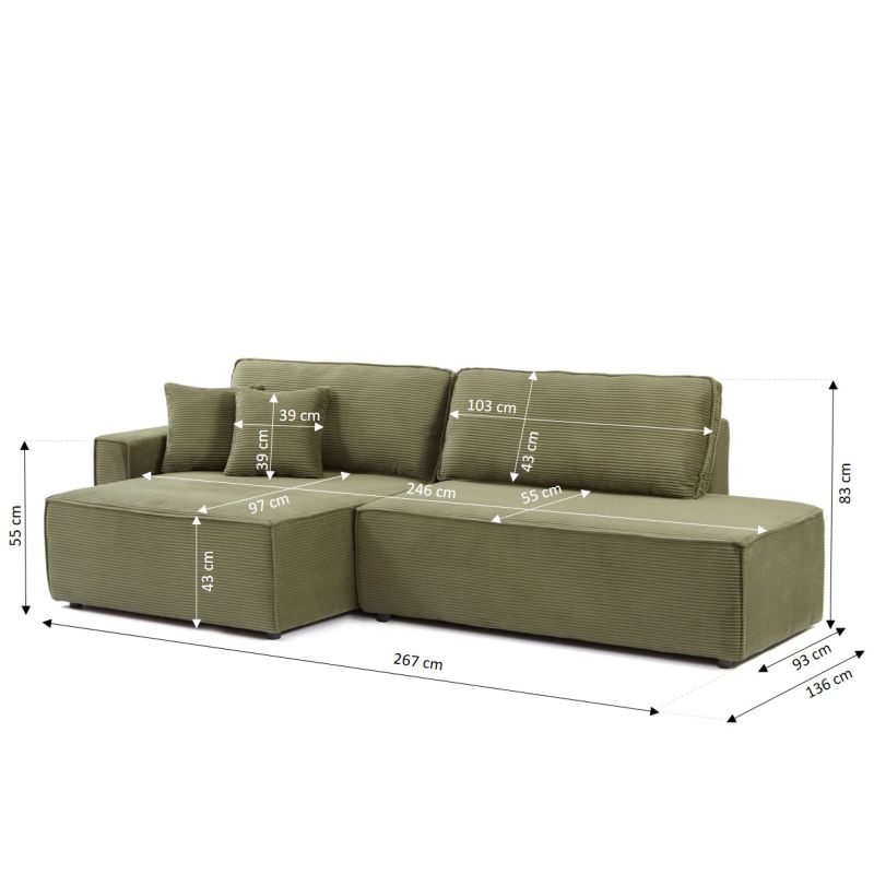 Canapé d'angle gauche ouvert convertible ZOLA 4 places velours cotelé vert