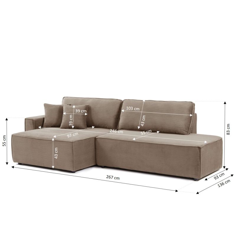 Canapé d'angle gauche ouvert convertible ZOLA 4 places velours cotelé taupe