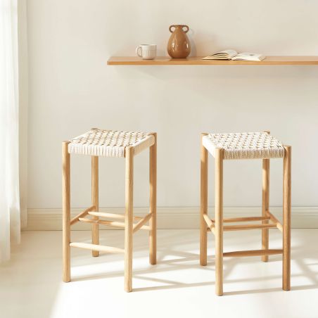 Lot de 2 tabourets ELLIO chêne massif et corde