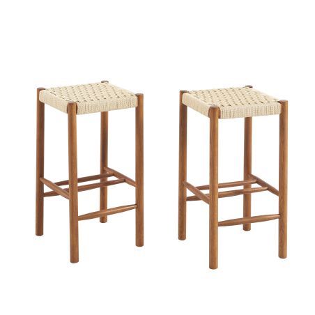 Lot de 2 tabourets ELLIO chêne massif couleur noyer et corde