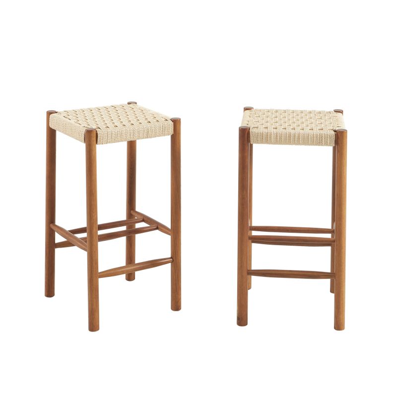 Lot de 2 tabourets ELLIO chêne massif couleur noyer et corde