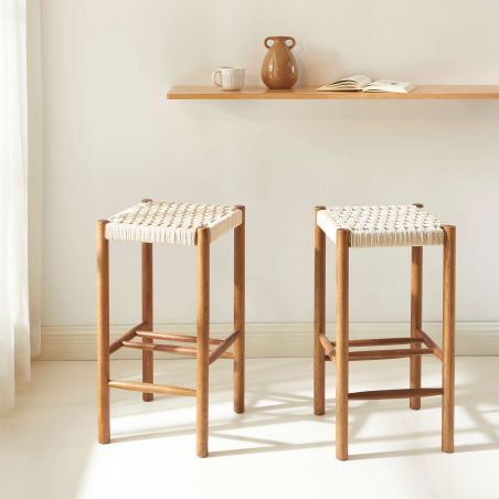 Lot de 2 tabourets ELLIO chêne massif couleur noyer et corde