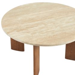 Table basse MOKU plateau travertin et pieds frêne massif couleur noyer