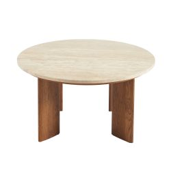 Table basse MOKU plateau travertin et pieds frêne massif couleur noyer