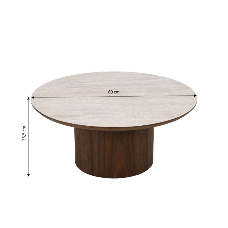 Table basse LOFA placage noyer et plateau céramique effet travertin 80cm