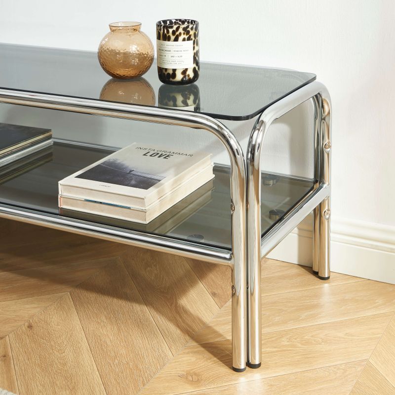 Meuble TV MAGGY verre trempé noir structure en chrome