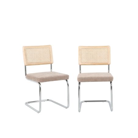 Lot de 2 chaises ELLA cannage et tissu marron pieds métal chromé