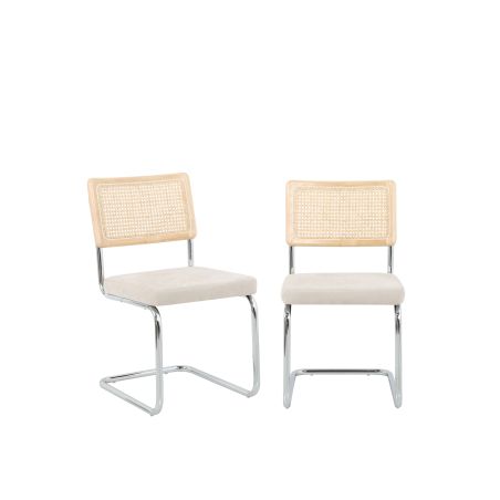 Lot de 2 chaises ELLA cannage et tissu écru pieds métal chromé