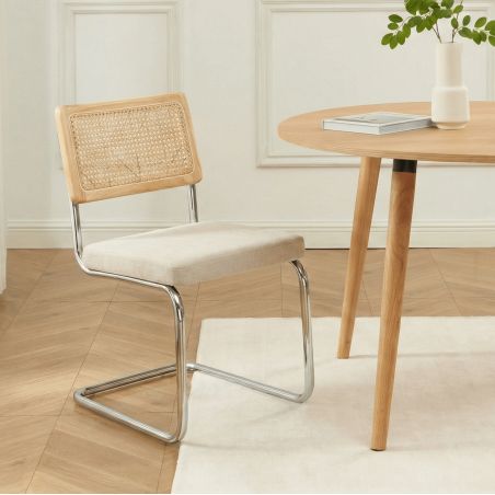 Lot de 2 chaises ELLA cannage et tissu écru pieds métal chromé