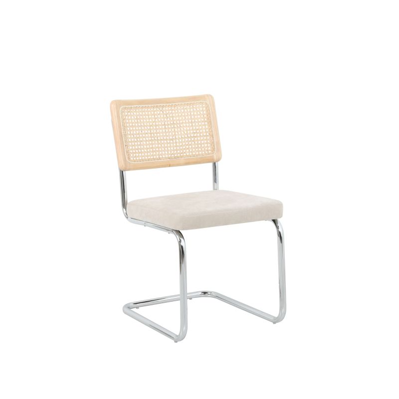 Lot de 2 chaises ELLA cannage et tissu écru pieds métal chromé