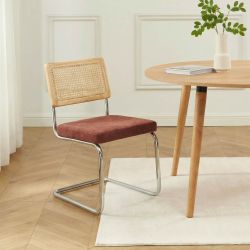 Lot de 2 chaises ELLA cannage et tissu bordeaux pieds métal chromé