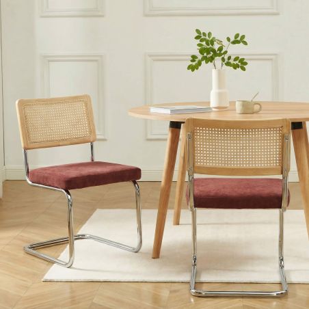 Lot de 2 chaises ELLA cannage et tissu bordeaux pieds métal chromé