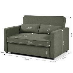 Canapé droit convertible NEVA 2 places tissu vert
